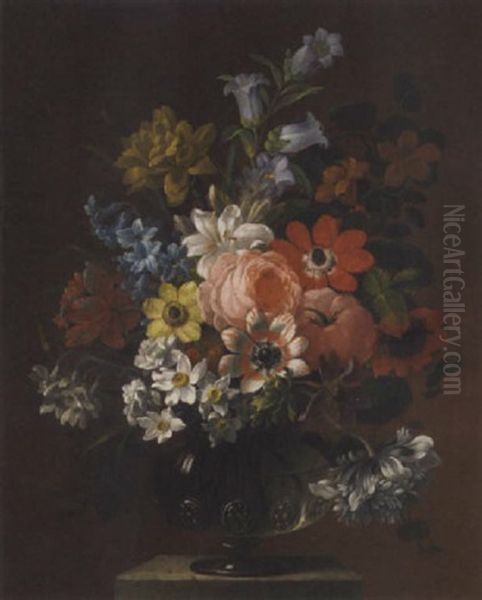 Narcissi, Tulips, Carnations, Delphiniums And Nasturtiums In A Goblet On A Ledge Oil Painting by James Sillett