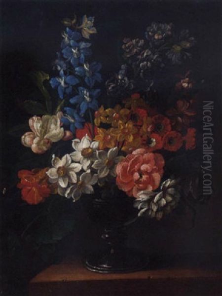 Narcissi, Tulips, Carnations, Delphiniums And Nasturtiums In A Goblet On A Ledge Oil Painting by James Sillett