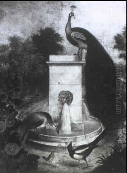 A Garden Fountain With Birds Oil Painting by James Sillett