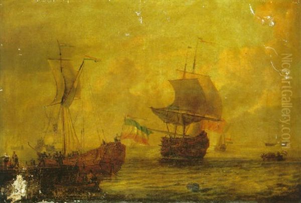 A Dutch States Yacht Moored To A Quay With Sailors In A Towing Boat In The Foreground, A British Man O'war And Other Vessels At Sea Oil Painting by Adam Silo
