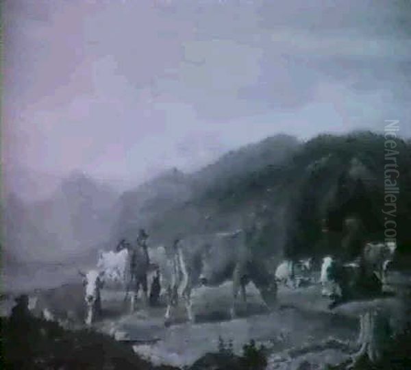 Kuhherde, Am Seeufer Weidend Oil Painting by Friedrich Karl Joseph Simmler