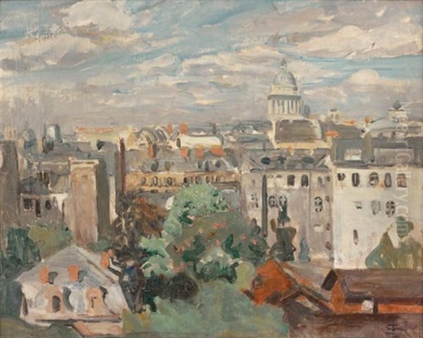 Vue Des Toits De Paris Depuis L'atelier De L'artiste, Rue Cassini Oil Painting by Lucien Simon