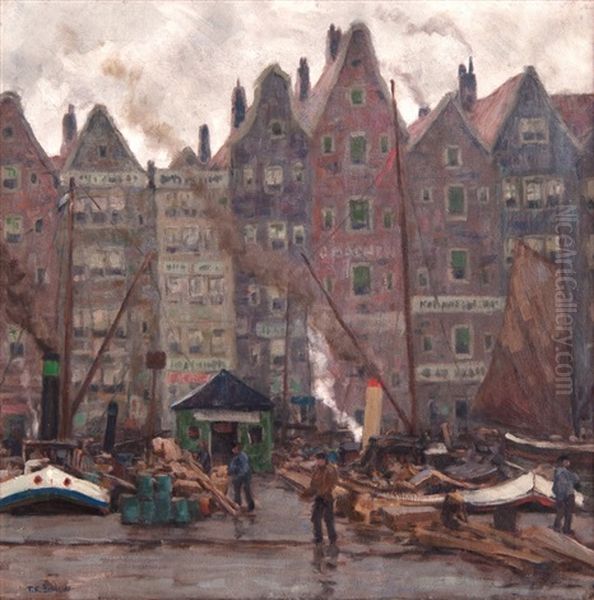 The Old Harbor In Amsterdam Oil Painting by Tavik Frantisek Simon