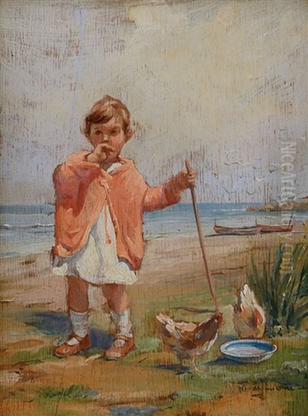 Fanciulla Con Polli Sulla Spiaggia Oil Painting by Michele De Simone