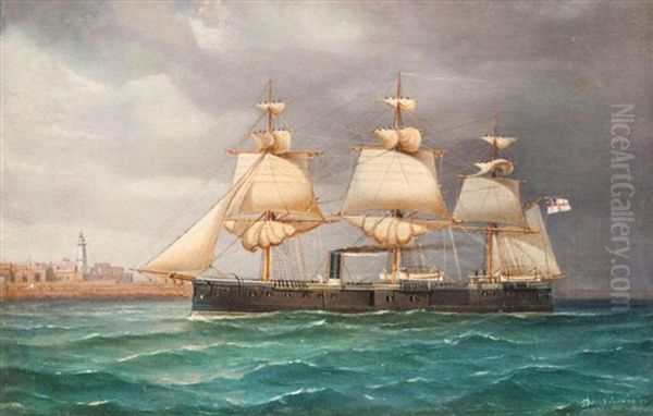 The Sail And Steamship Hms Pallas Coming Into Port Oil Painting by Tommaso de Simone