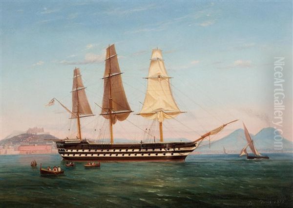 H.m.s Revenge With Her Funnel Down And Drying Her Sails Off The Coast Of Naples Oil Painting by Tommaso de Simone