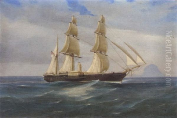 A British Naval Paddle Sloop Off Stromboli Oil Painting by Tommaso de Simone