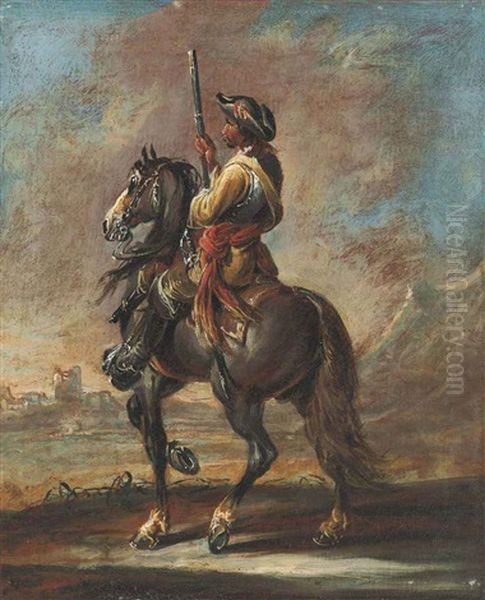 A Soldier On Horseback, A Mountainous Landscape With A Fortress Beyond Oil Painting by Francesco Simonini