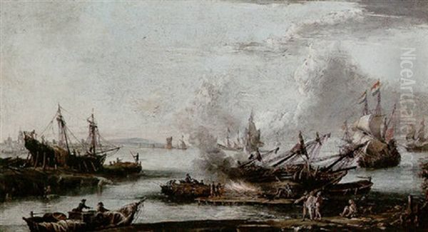 A Coastal Scene With Shipwrights Caulking A Ship's Hull, A Ship Under Construction In A Dry Dock, Figures In Foreground Oil Painting by Francesco Simonini