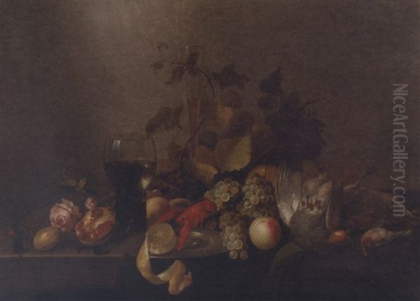 A Rose, A Pomegranate, A Glass Flute, Grapes, A Partly Peeled Lemon On A Silver Plate, A Roemer, A Lobster, Peaches, A Pheasant And Other Birds On A Partly-draped Table Oil Painting by Michiel Simons