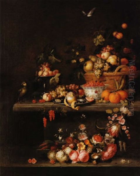 Nature Morte De Fleurs Et De Fruits Sur Un Entablement De Pierre Oil Painting by Michiel Simons