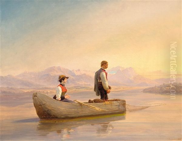 Fishing Couple On A Lake At Sunset Oil Painting by Niels Simonsen