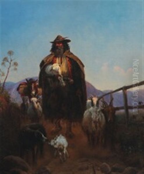 Italian Landscape With Shepherd Oil Painting by Simon Simonsen