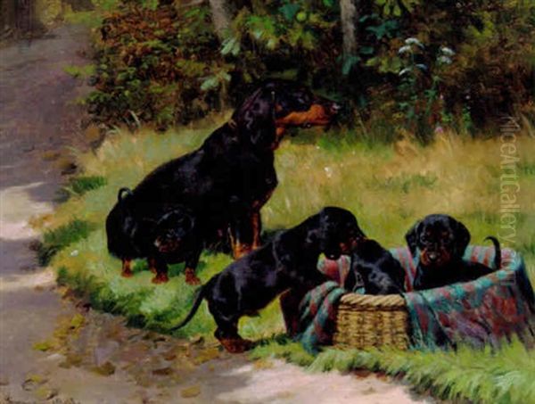 Witte Med Sine Hvalpe Oil Painting by Simon Simonsen