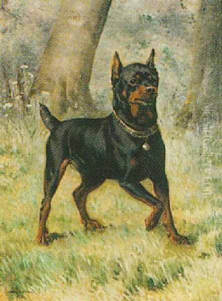 A Miniature Pinscher Oil Painting by Simon Simonsen