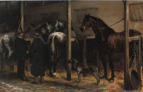 Fra Sporvognsstalden, Med Staldkarlen Niels Larsen Kagerup. . . Oil Painting by Simon Simonsen