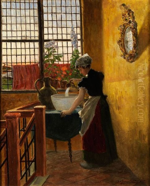 Junges Madchen Bei Der Hausarbeit Oil Painting by Ernst Oskar Simonson-Castelli