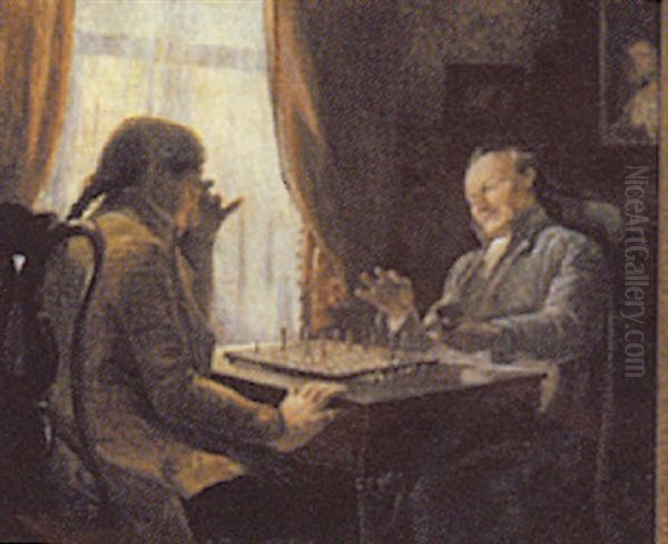 Interior Med To Herrer Der Spiller Skak Oil Painting by Oluf Simony Jensen