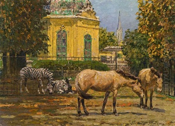 Zebras Und Wildpferde In Schonbrunn Oil Painting by Stefan Simony