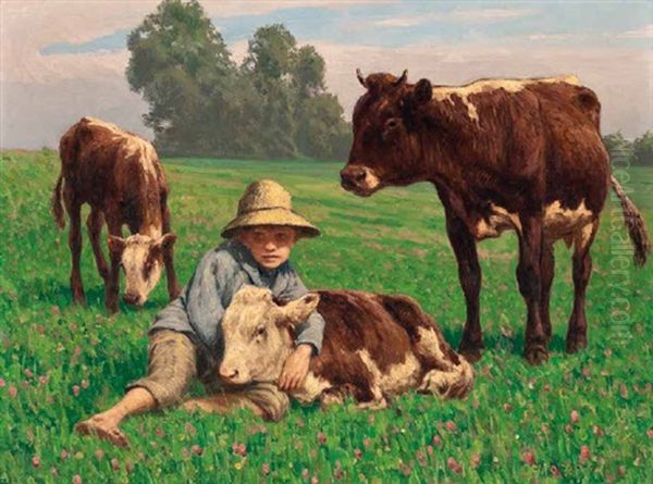 Hirtenknabe Mit Kuhen Auf Einer Sommerwiese Oil Painting by Stefan Simony