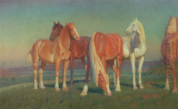 Sommerlandskab Med Heste Oil Painting by Knud Sinding