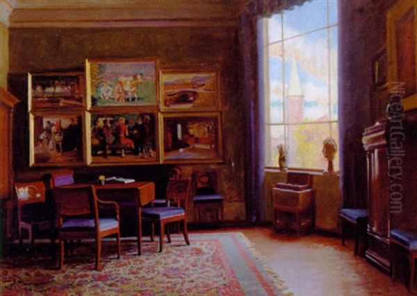 Fra Kunstnerens Dagligstue, Pa Vaeggen Sindings Egne Malerier Oil Painting by Knud Sinding