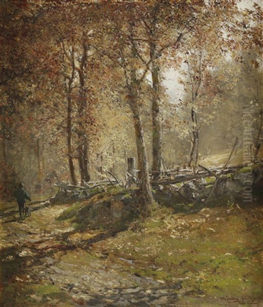 Skogslandskap Med Jeger Og Hund Oil Painting by Otto Ludvig Sinding