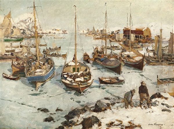 Fiskebater I Havn Oil Painting by Otto Ludvig Sinding