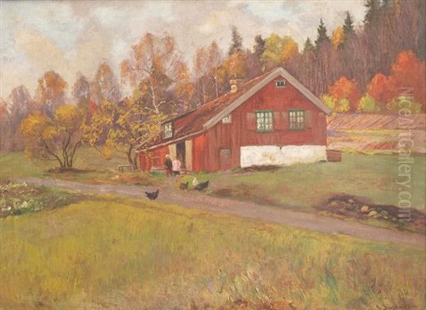 Autumnal Farm Sceen, Red Barn With Chickens Oil Painting by Andreas Singdahlsen