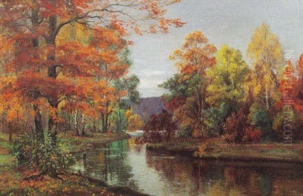 Hostskog Med Vattendrag Oil Painting by Andreas Singdahlsen