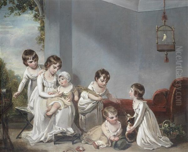 Children Playing With A Cat In An Interior, A View To A Garden Beyond Oil Painting by Henry Singleton