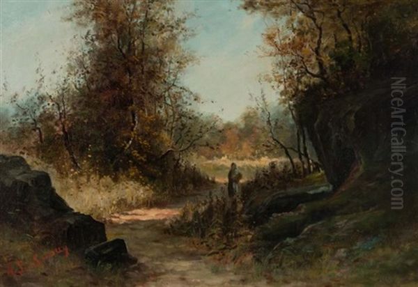 An Untitled French School Composition Of A Figure On A Woodland Path Through A Passage Way Oil Painting by Achille Sirouy