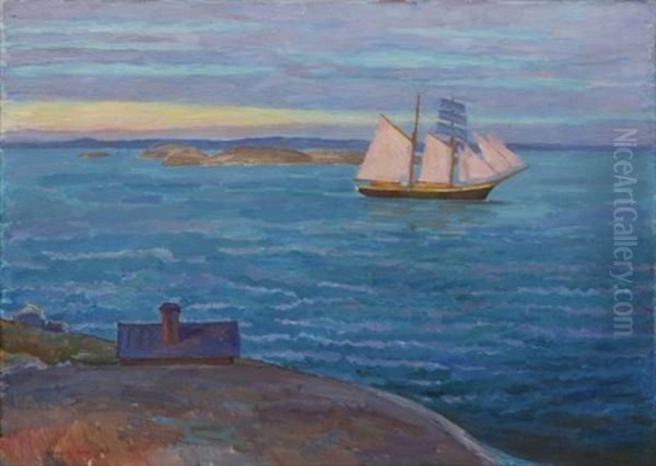 Fartyg I Skymning, Motiv Fran Sandhamn Oil Painting by Axel Sjoeberg