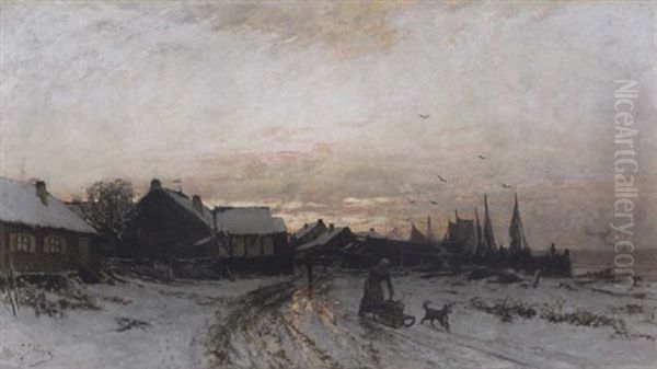Vinter - Landskap Med Kvinna Och Hund Oil Painting by Carl Skanberg
