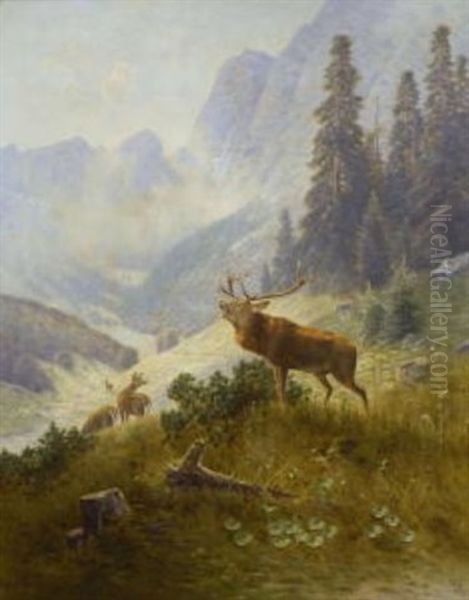 Rohrender Hirsch Oil Painting by Ludwig Skell