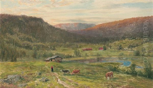 Gjete Kuene Oil Painting by Christian Eriksen Skredsvig