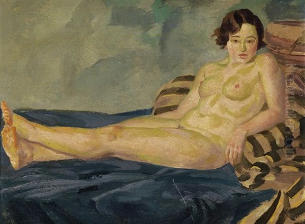 Reclining Female Nude On Blue And Striped Blankets Oil Painting by John Sloan
