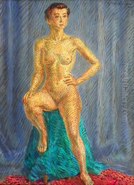 Nude, Green Drape, High Stool Oil Painting by John Sloan