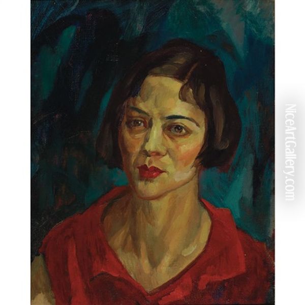 Brunette Head, Red Waist Oil Painting by John Sloan