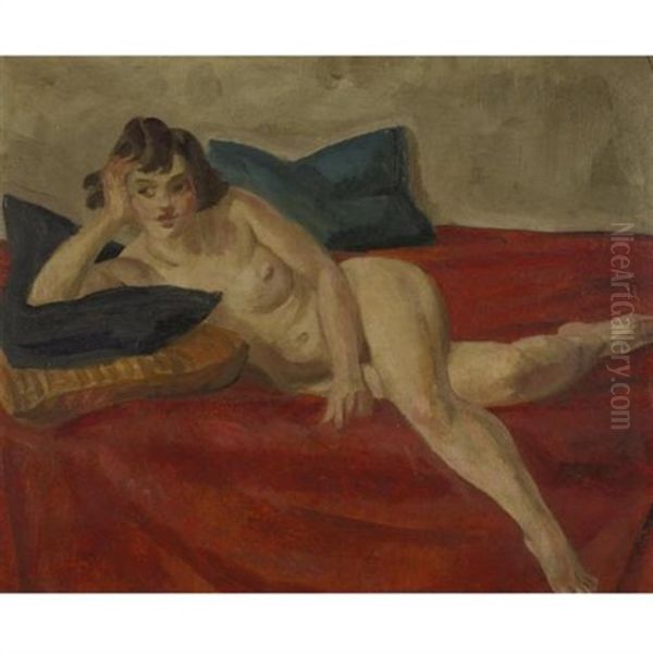 Seated Nude On Red Velvet Oil Painting by John Sloan