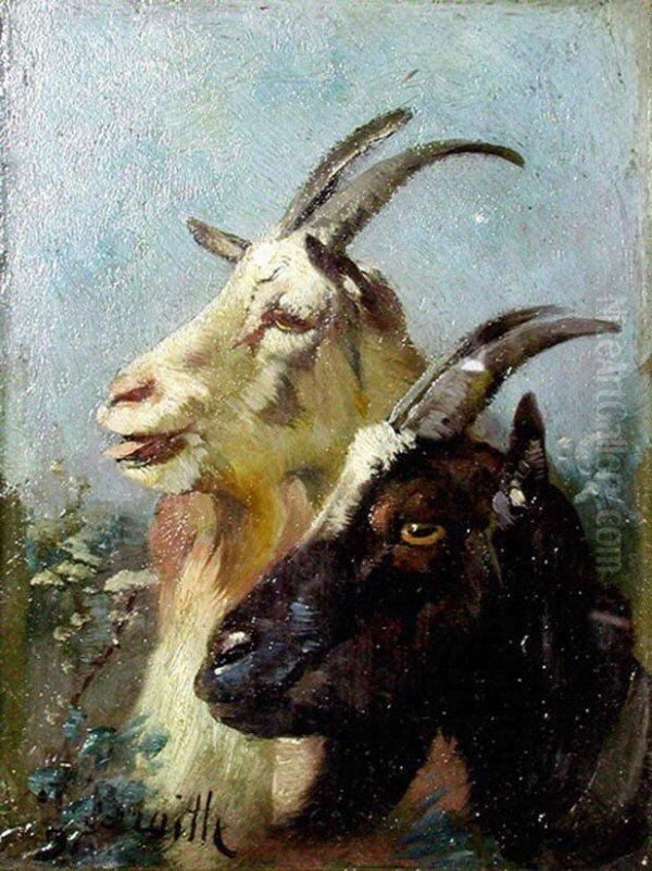 Naturstudie Mit Zwei Ziegeno Oil Painting by Anton Braith