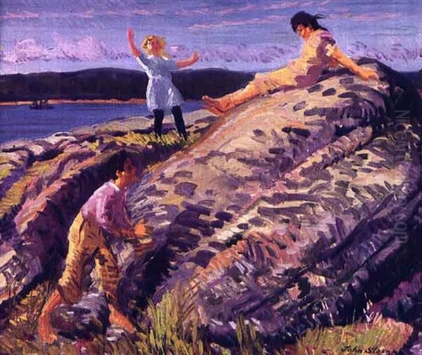 Play On The Rocks Oil Painting by John Sloan