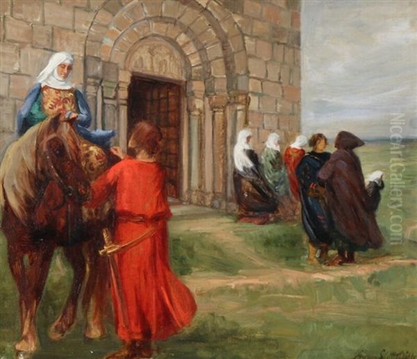 Stolt Adelus Moder Terkel Foran Kirken Oil Painting by Agnes Slott-Mrller