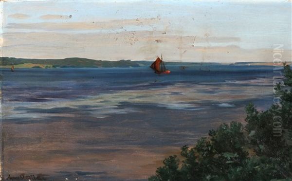 Fiord Scenery With A Sailboat Oil Painting by Agnes Slott-Mrller