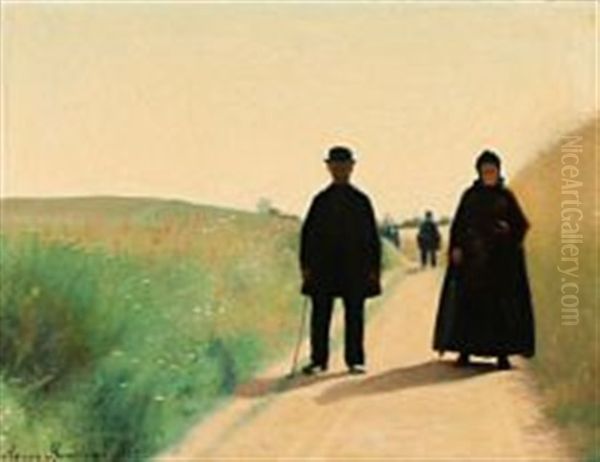 Churchgoers On A Summer's Day Oil Painting by Agnes Slott-Mrller
