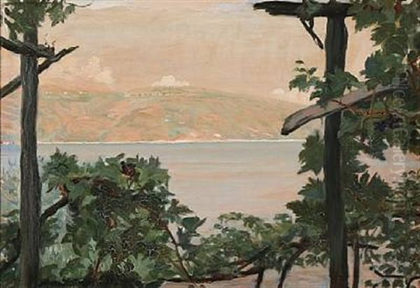 Italian Landscape With View Of A Lake And Mountains In The Background Oil Painting by Agnes Slott-Mrller
