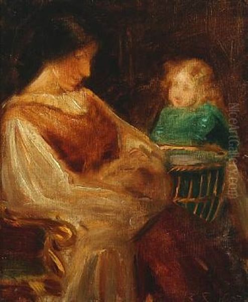 Interior With Girl In Green Dress Watching Mother With Baby Oil Painting by Agnes Slott-Mrller