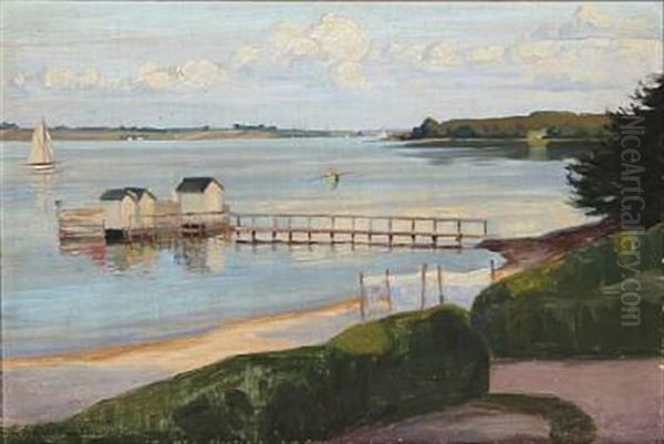 Summer Day At A Fiord With A Wooden Pier Oil Painting by Agnes Slott-Mrller
