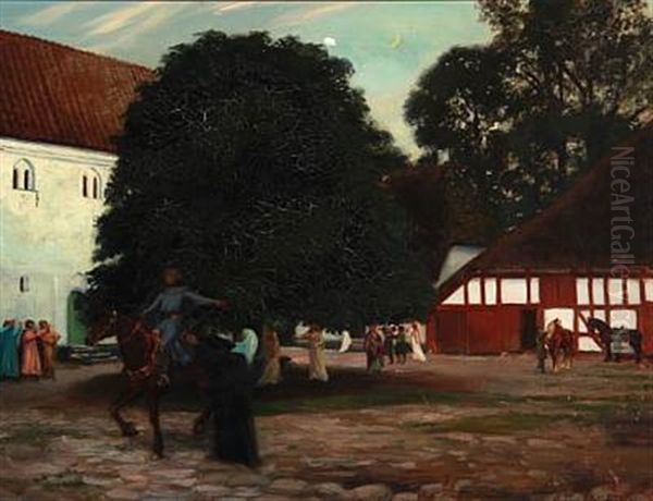 Hr. Oluf Han Rider (the Knight Oluf Is Leaving - Motif From Borglum Monastery From The Danish Folk Song Elverskud) Oil Painting by Agnes Slott-Mrller