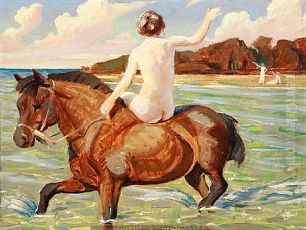 Back Of A Nude Woman On Horseback In The Shallows Oil Painting by Harald Slott-Moller